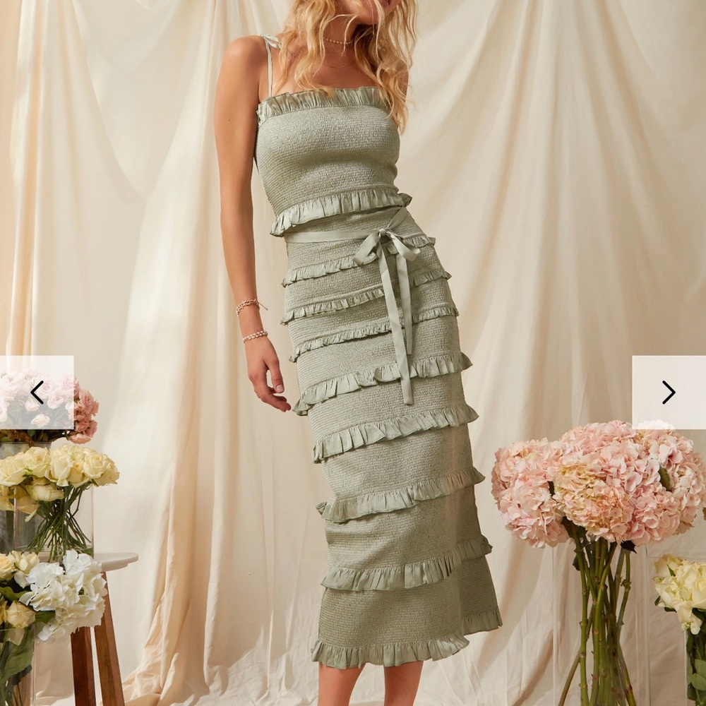 V. Chapman Sage Ruffle Midi Dress